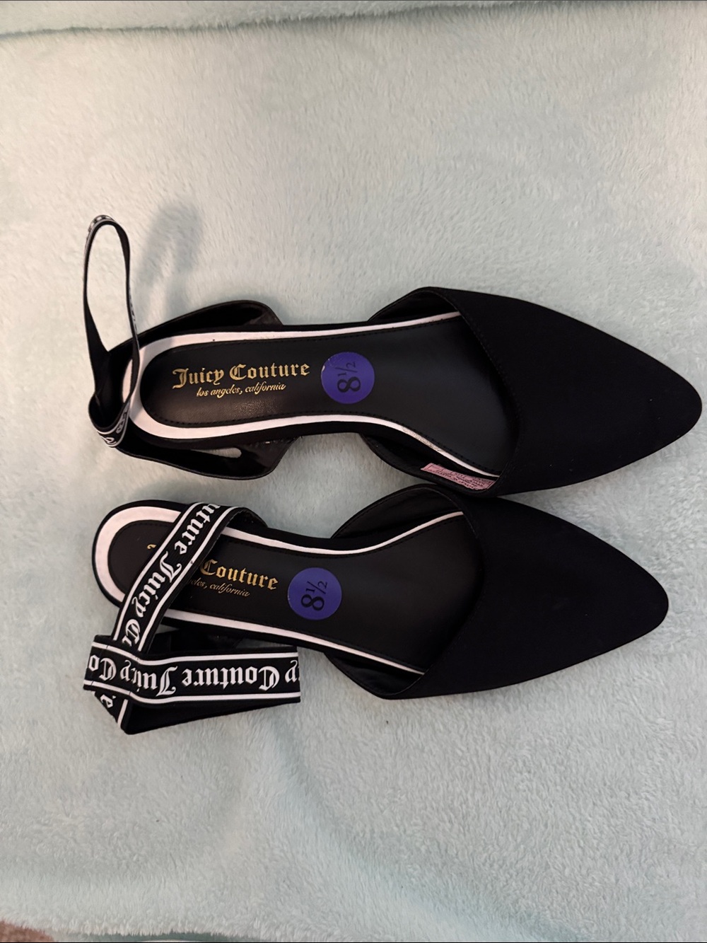 Juicy Couture Black Pointed Slingback Flats with Logo Ribbon